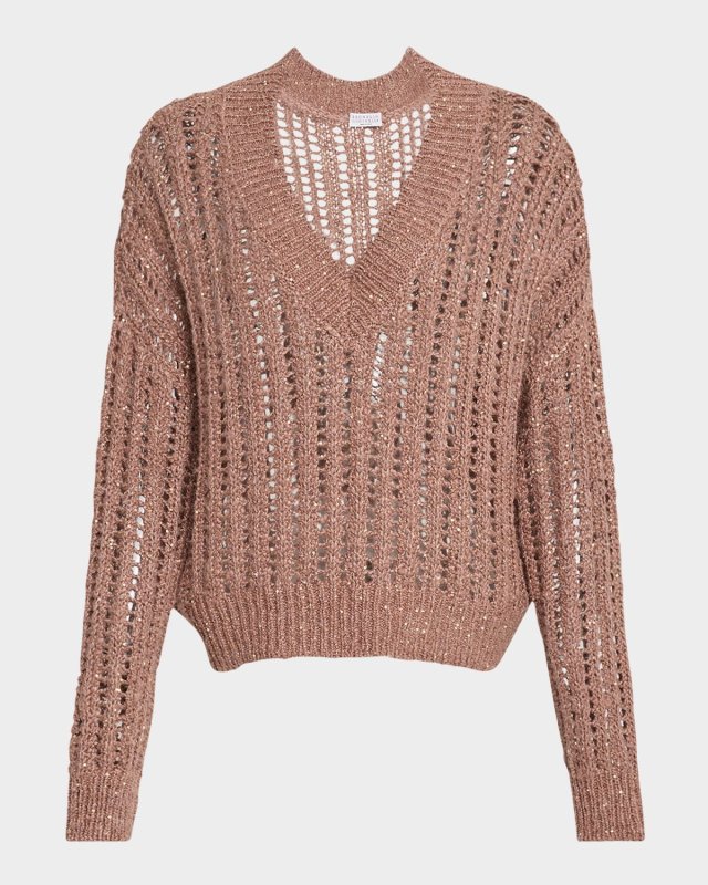 Paillette Open Work Ribbed V-Neck Sweater